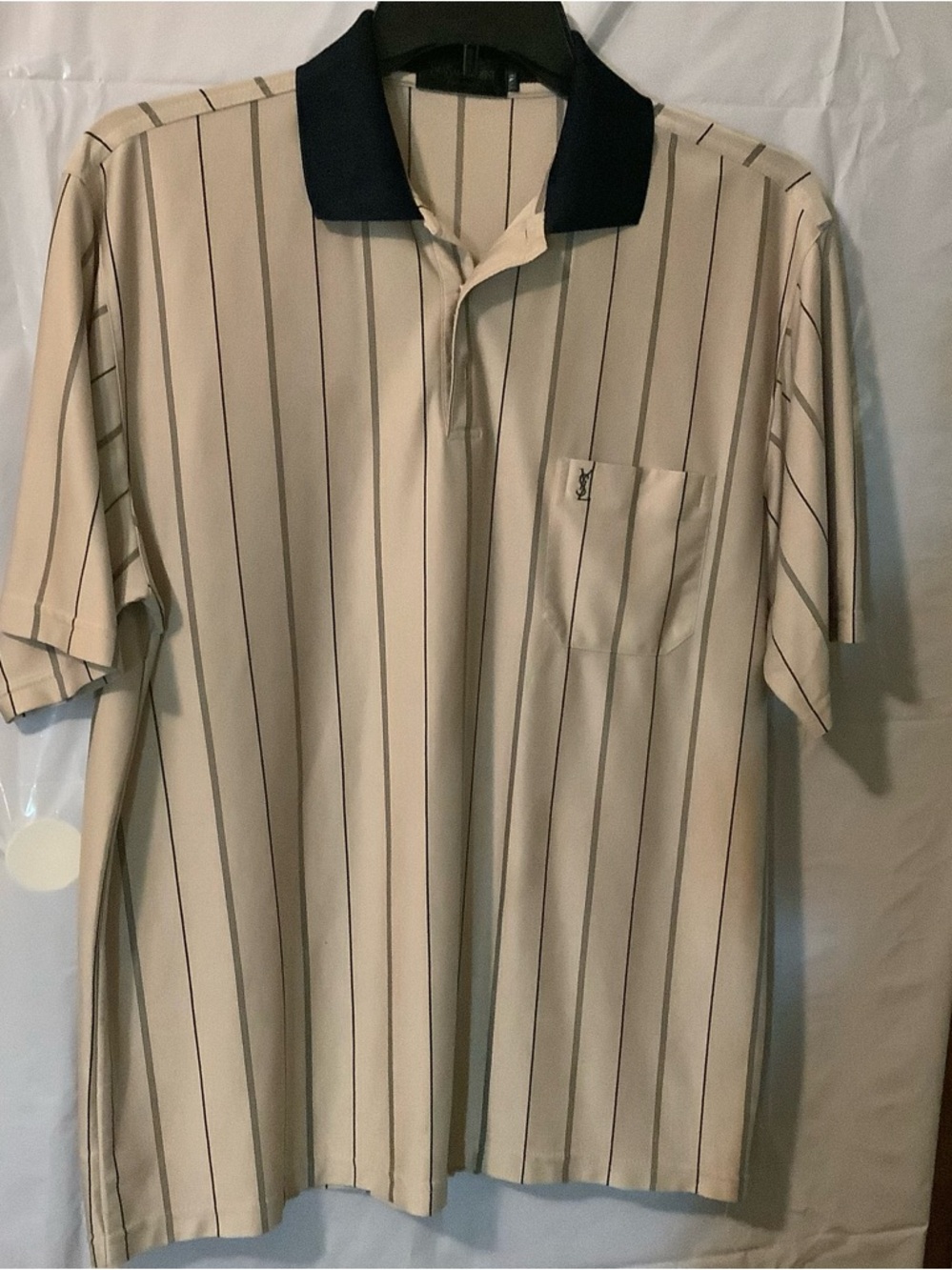 Yves Saint Laurent Cream Pinstripe Polo with Navy Collar